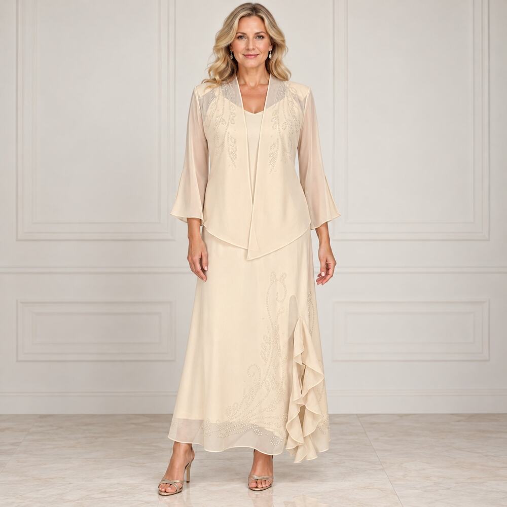 R&M Richards Petite Vintage Cream Chiffon Beaded Maxi Dress & Top 2-Piece Set 6P